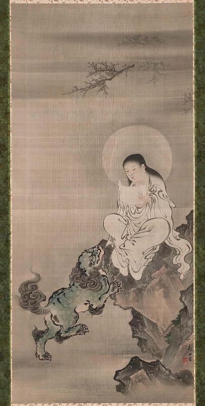 Monju, the Bodhisattva of Wisdom, and a Lion