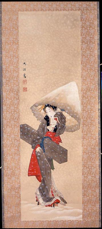 Geisha Carrying a Shamisen Case in the Snow