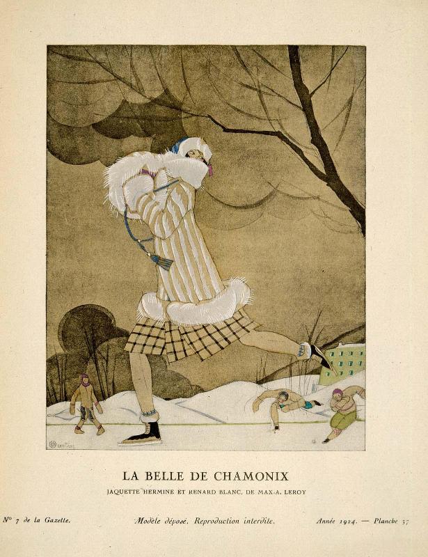 "La Belle de Chamonix - Jaquette hermine et renard blanc, de Max-A. Leroy," plate 37 from Gazette du Bon Ton, No. 7