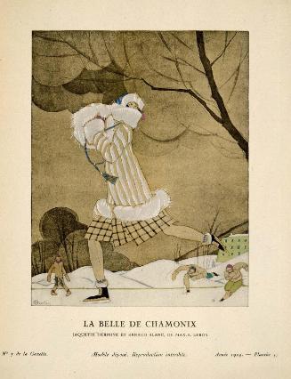 "La Belle de Chamonix - Jaquette hermine et renard blanc, de Max-A. Leroy," plate 37 from Gazette du Bon Ton, No. 7