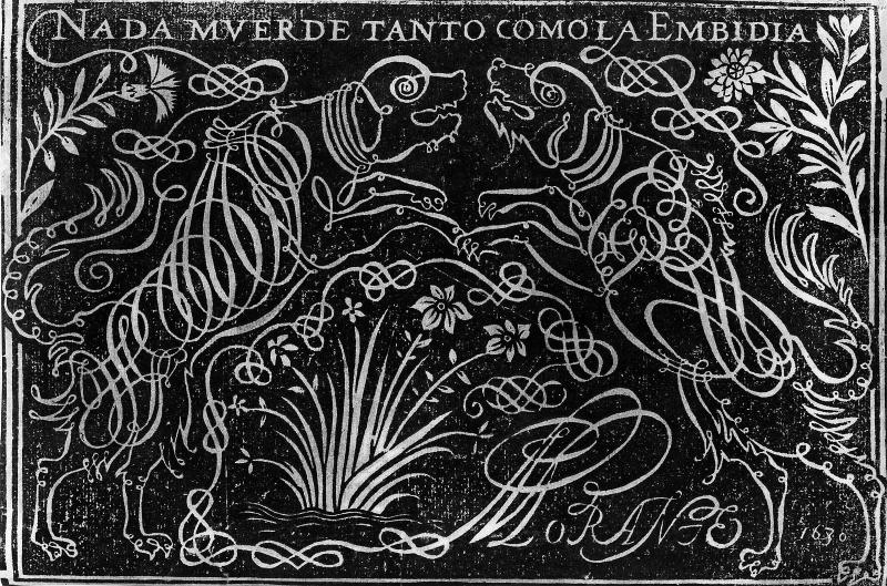 Panel with two dogs in flowing penmanship 
Nada Muerde...
