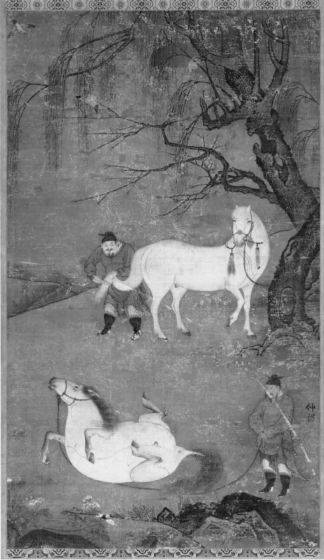 Two grooms and horses