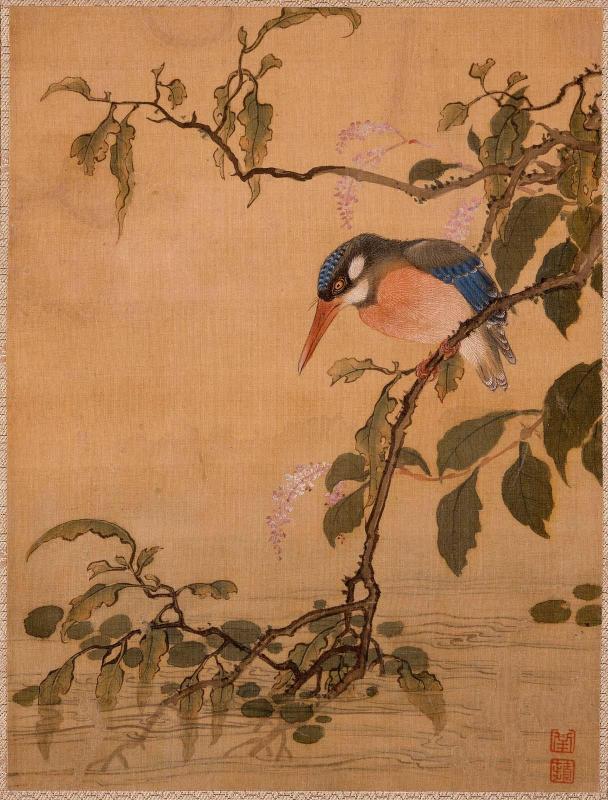 Kingfisher on a flowering branch above water