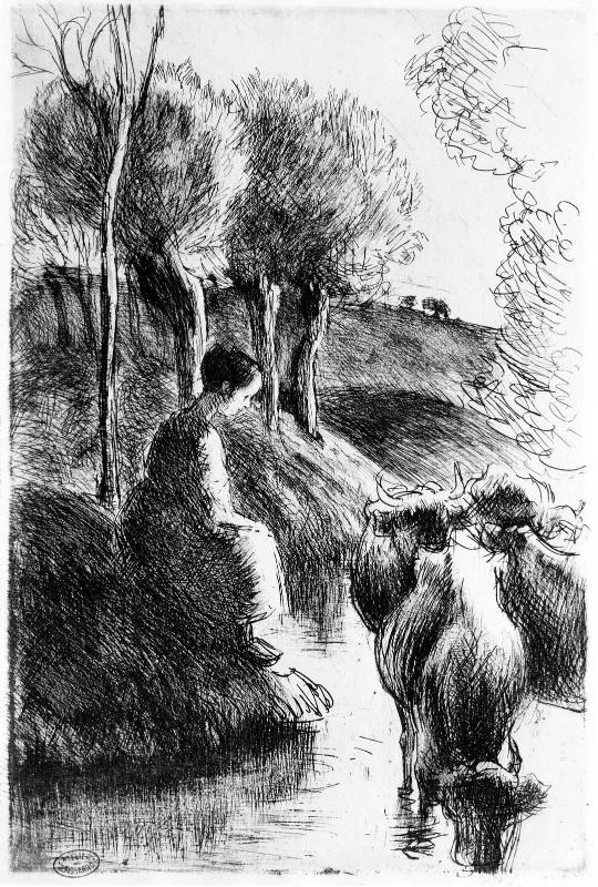 Girl Minding Cows by the Waterside