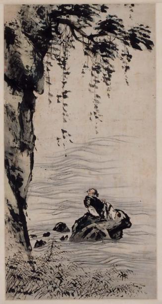 Poet sitting on a rock in a stream under an overhanging bough