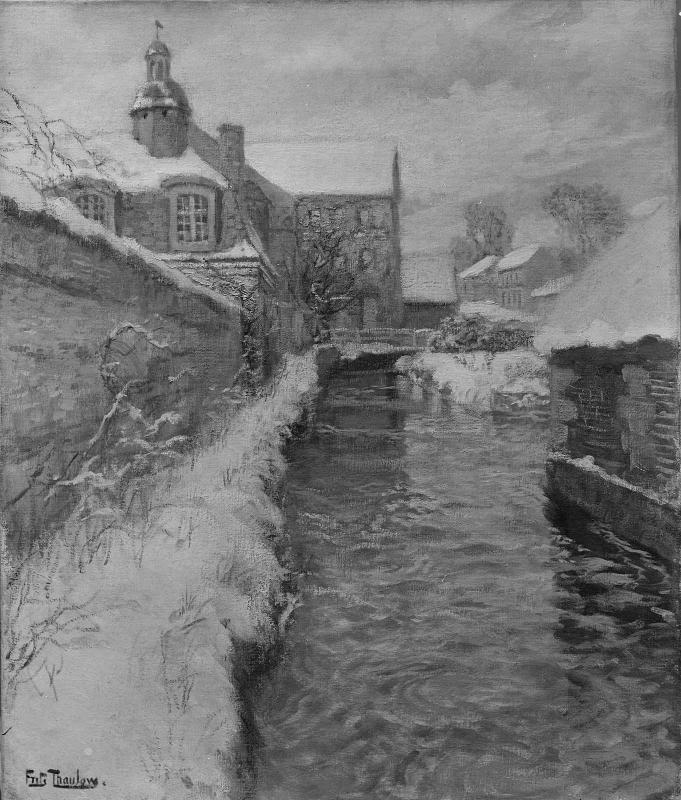 Snow-covered Buildings along a Canal