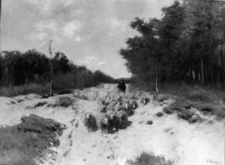 Shepherd and Sheep on a Woodland Road