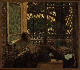 Woman Sewing before a Garden Window