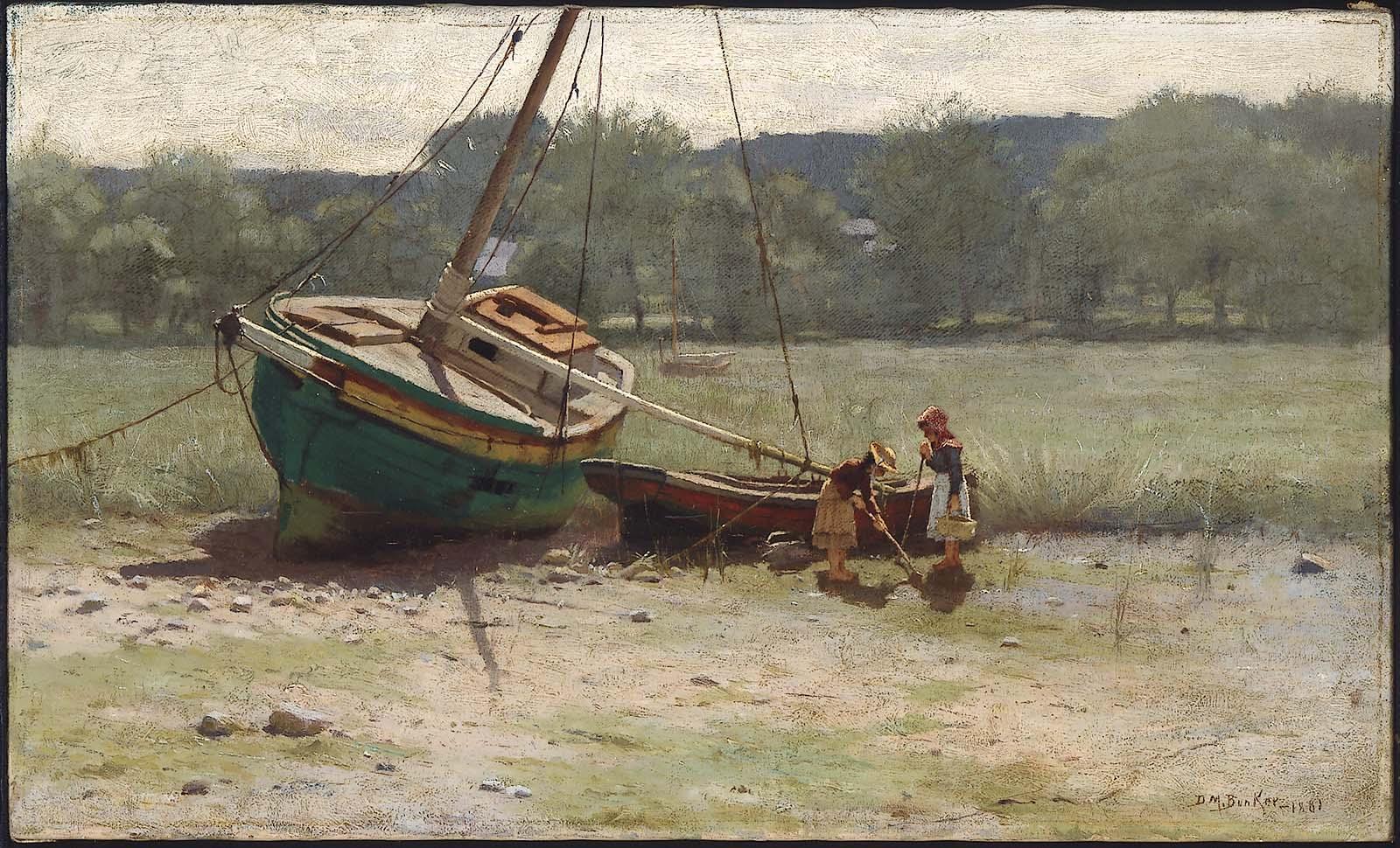 Salt Marsh Landscape with Two Children near a Beached Sailboat and Dory