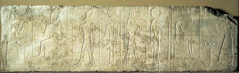 Lintel with relief of owner worshipping two divine triads