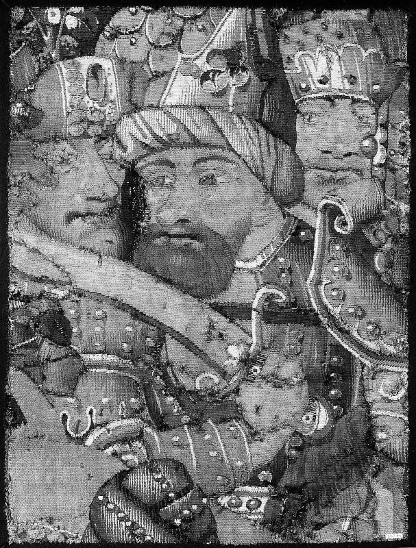 Fragment from tapestry "The Rape of Helen," with soldiers in Paris' company