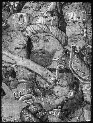 Fragment from tapestry "The Rape of Helen," with soldiers in Paris' company