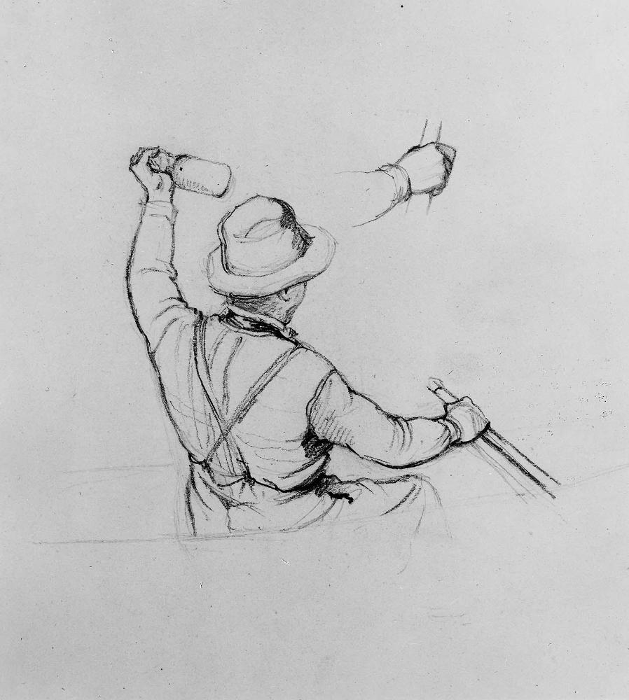 Study for "What a Catch": Man Seated in a Boat, Holding up a Bottle