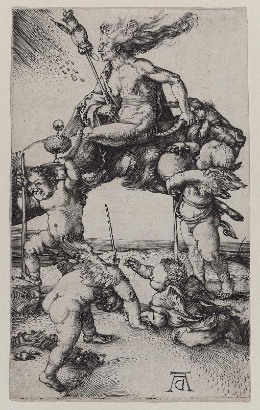 Witch Riding Backwards on a Goat, Accompanied by Four Putti