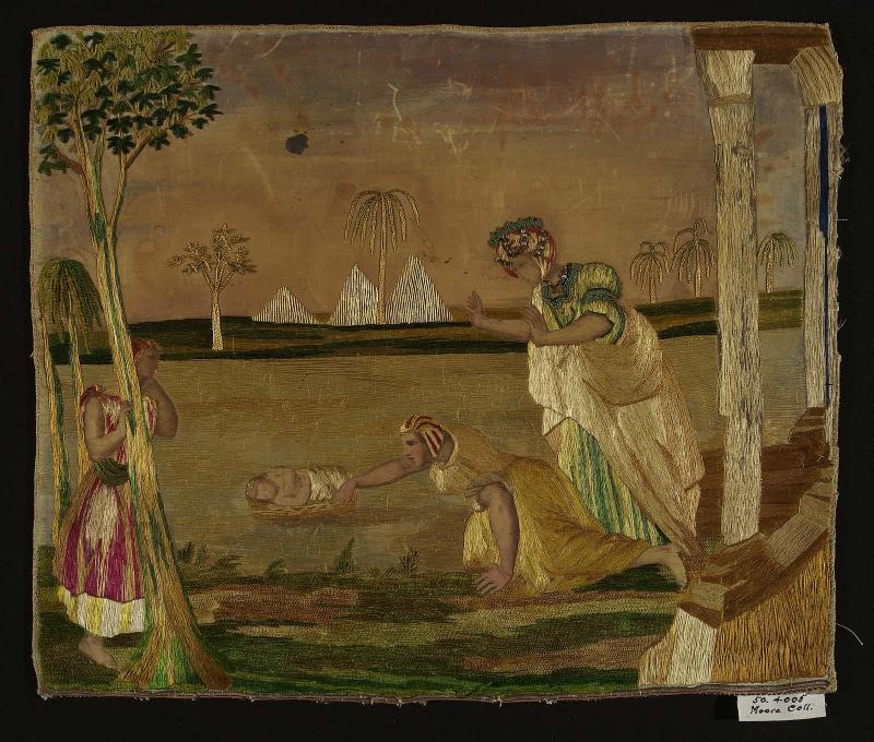 Embroidered and painted picture, Moses Rescued by Pharaoh's Daughter