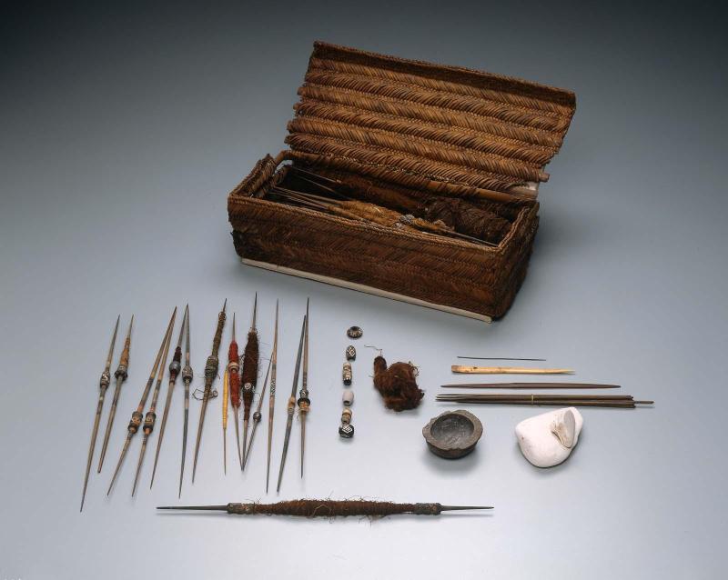 Weaver's workbasket and implements