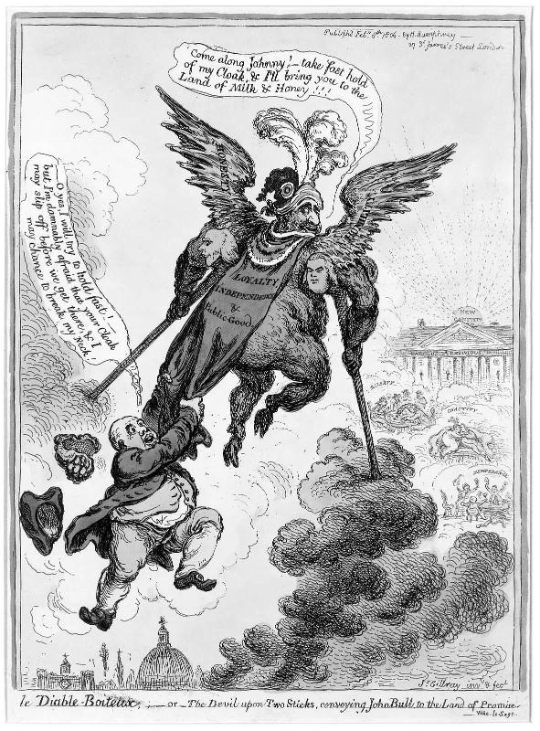 Le diable boiteux, or, the Devil upon Two Sticks, conveying John Bull to the Land of Promise