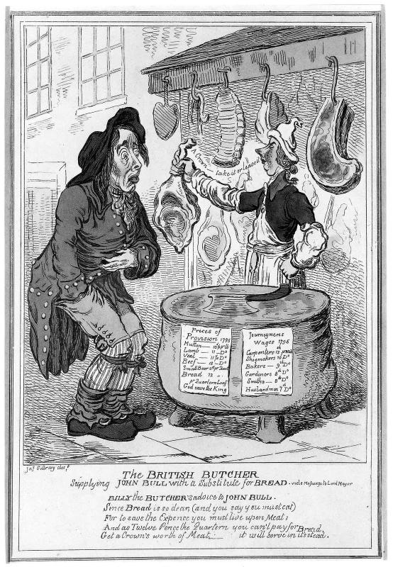 The British Butcher, supplying John Bull with a substtute for bread, vide messuage to Lord Mayor
