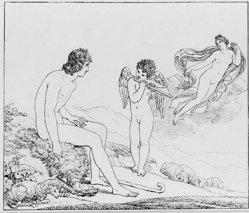 Paris, Cupid playing a flute, and Venus