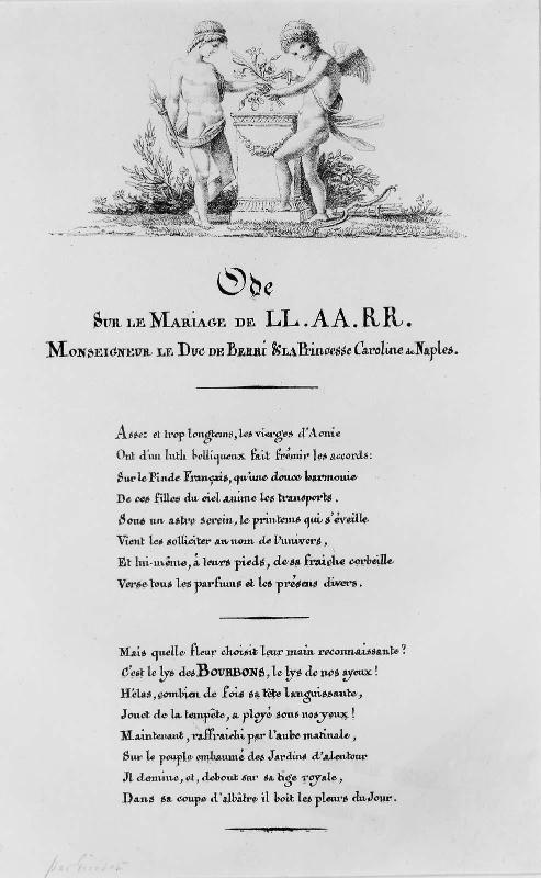 Two Cupids at an alter, "Ode sur le mariage de..."