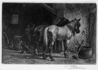 Horses in a blacksmith's shop