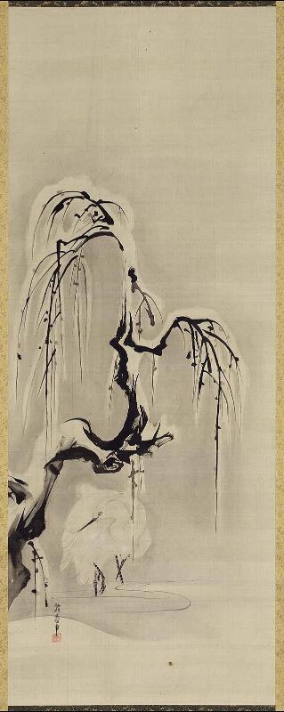 Egret with Wintry Willow Tree