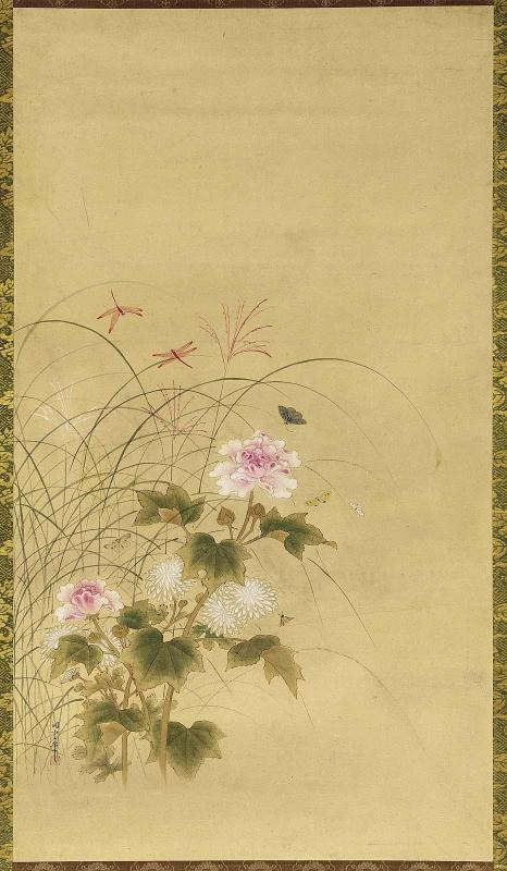 Rose Mallow, Chrysanthemums, and Dragonflies