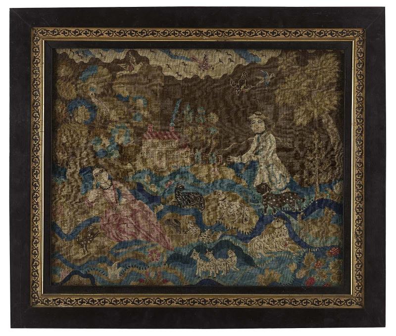 Embroidered picture: Reclining Shepherdess