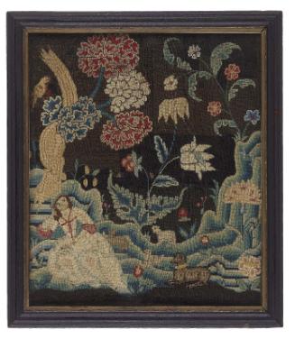 Embroidered picture:  Reclining Shepherdess