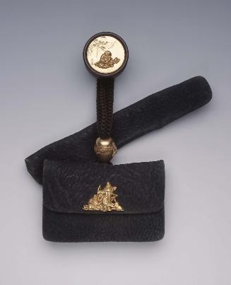 Tobacco-pouch, pipe-case, kagami netsuke and ojime with designs from the Sangokushi (Sanguozhi), the kanamono with Chohi and Kan'u and the backplate with Chon cradling a baby in his arms