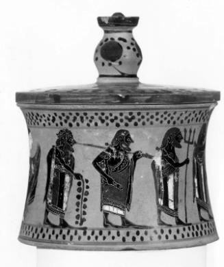 Box (pyxis) and lid with Herakles stealing the Delphic tripod