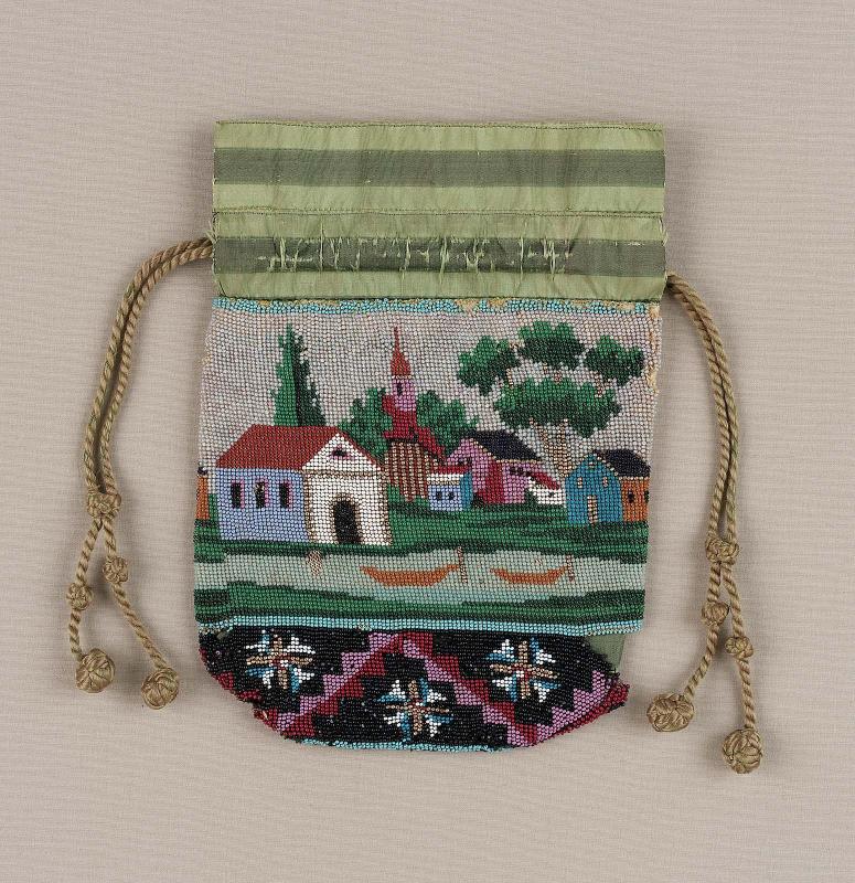 Knitted and beaded drawstring bag