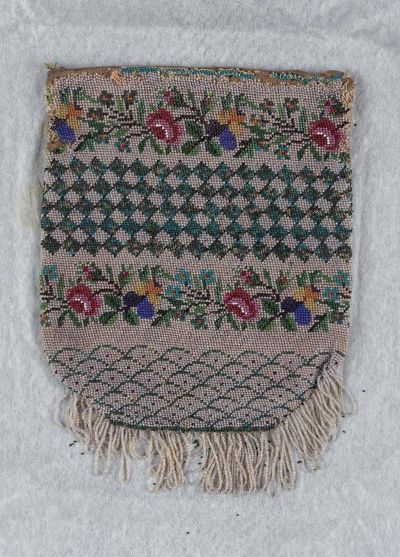Knitted and beaded drawstring bag