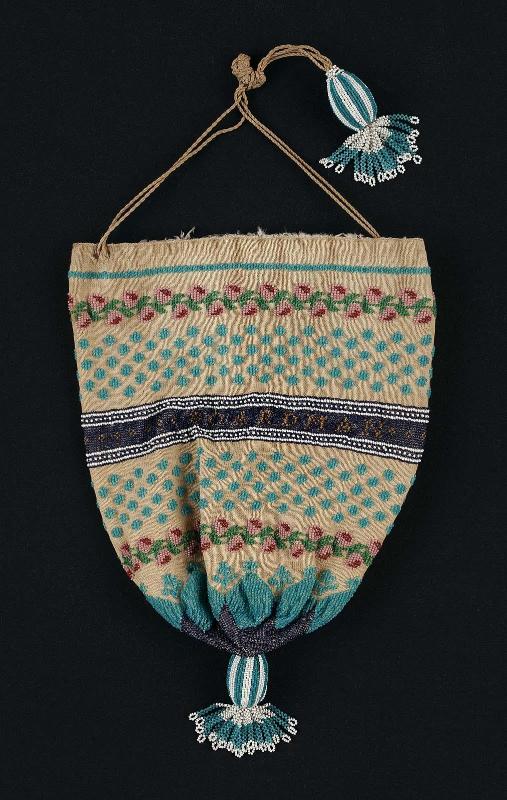 Knitted and beaded round drawstring bag