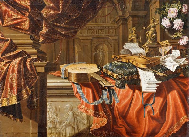Musical Instruments and Sculpture in a Classical Interior