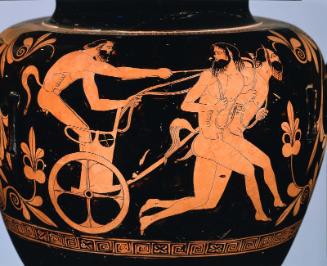 Storage jar (stamnos) with Dionysos and maenads attacking a Giant (A) and satyrs pulling a chariot (B)