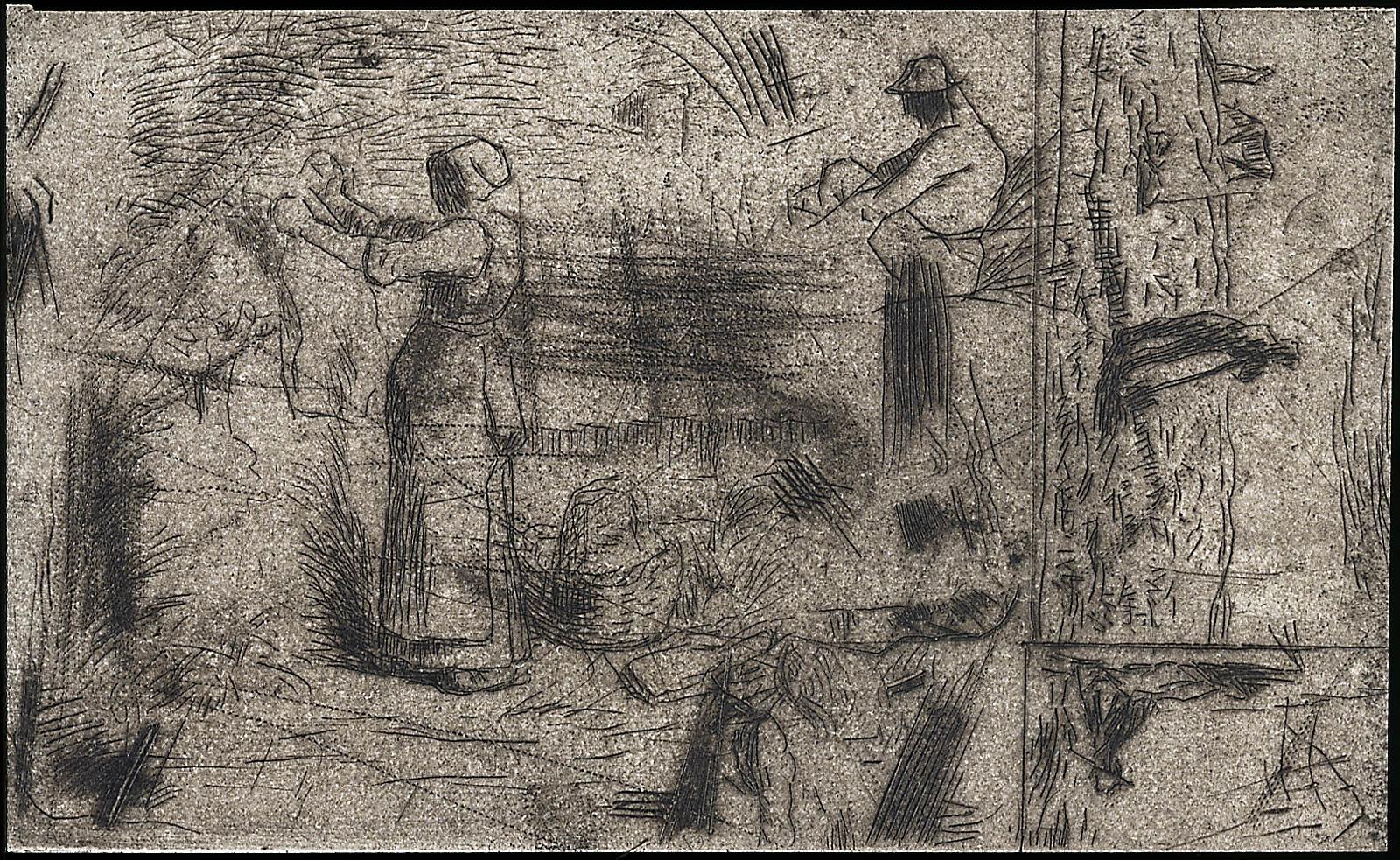 Three Sketches: Woman Laying out Wash, Man Leaning on a Spade, and Seated Peasant