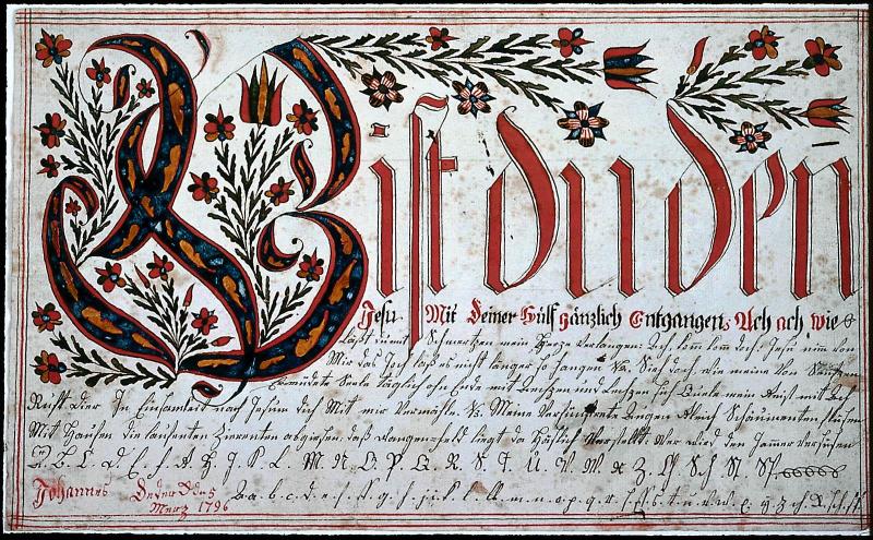 Calligraphy sample with the hymn "Bist du denn, Jesu"