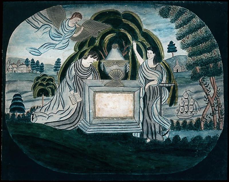 Two Girls mourning by a Tomb, and an Angel blowing a Trumpet