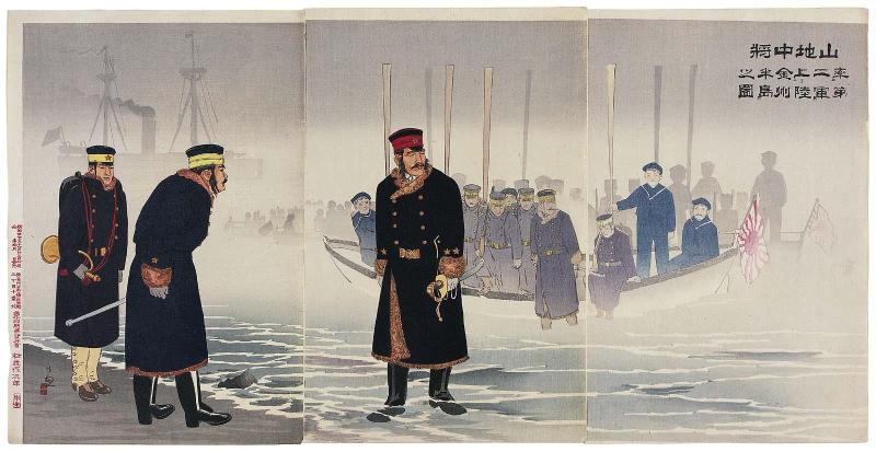 Lieutenant-General Yamaji Leading the Japanese Second Army during its Landing on the Jinzhou (Liaodong) Peninsula (Yamaji chûjô dai ni gun o hiiite Kinshû hantô jôriku no zu)