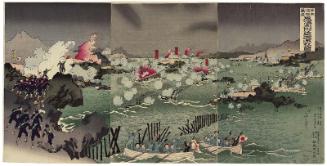 Banzai for the Japanese Navy and Army! Illustration of the Great Battle near Weihaiwei (Nihon kairiku banzai; Ikaiei fukin daigekisen no zu)