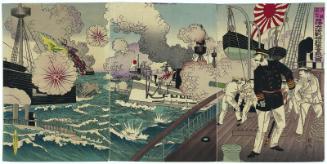 Admiral Kabayama Fights Furiously in the Great Sino-Japanese Naval Battle off Takushan in China (Shinkoku Daikôsan oki Nisshin daikaisen Kabayama shôgun funsen no zu)