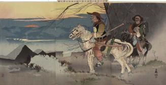 Foreign-looking Manchurian Horsemen on an Expedition to Observe the Japanese Camp in the Distance Near Sauhoku (Sôkakô fukin Nichijin enbô Manshû kihei isô shutsujin no zu)