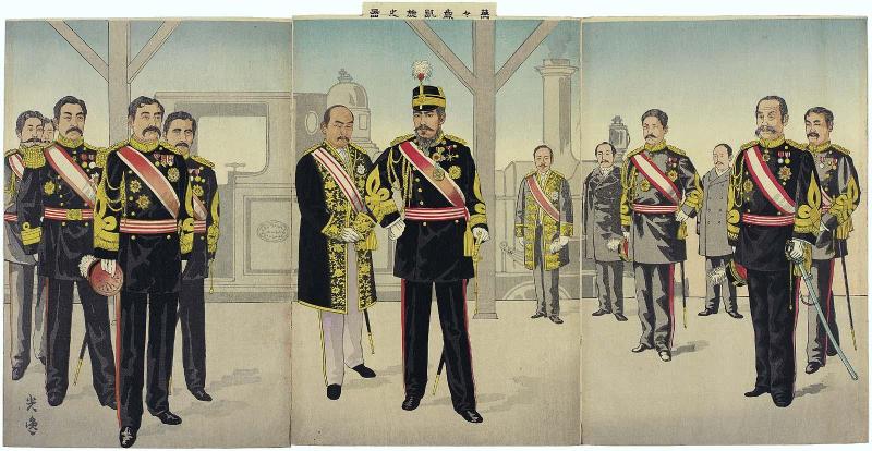 Hurrah! Hurrah! for the Triumphal Return of His Majesty (Ban banzai gaisen no zu)