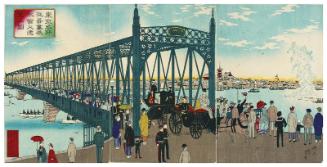 Famous Places in Tokyo: Distant View of a Torpedo Explosion Seen from Azuma Bridge (Tôkyô meisho Azuma-bashi yori suirai no enbô no zu)