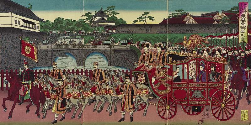 The Phoenix Carriage Leaving Nishi-no-maru of the Imperial Palace to Attend a Military Review at Aoyama (Nishinomaru kokyo yori Aoyama kanpeishiki hôôsha miyuki no zu)