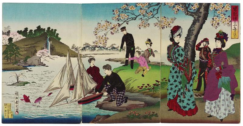 Boys Sailing Model Boats on a Pond (Danji chijô ni kobune o ukasu)