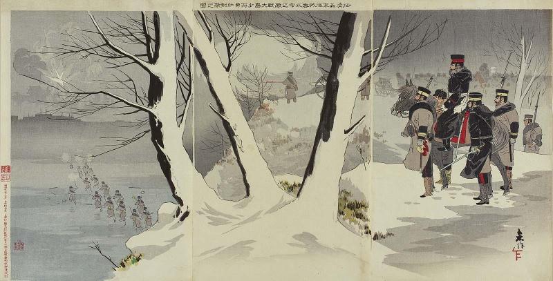 Illustration of the Invasion of China During Which Our Troops Fought Fiercely in Ice and Snow at Haicheng and Major-General Ôshima Bravely Faced the Enemy (Sei Shin gigun Kaijô seppyôchû no gekisen Ôshima shôshô yûsô taiteki no zu)