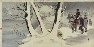 Illustration of the Invasion of China During Which Our Troops Fought Fiercely in Ice and Snow at Haicheng and Major-General Ôshima Bravely Faced the Enemy (Sei Shin gigun Kaijô seppyôchû no gekisen Ôshima shôshô yûsô taiteki no zu)
