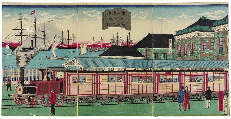 Illustration of the Steam Train Railroad between Tokyo and Yokohama (Tôkyô Yokohama jôkisha tetsudô no zu)